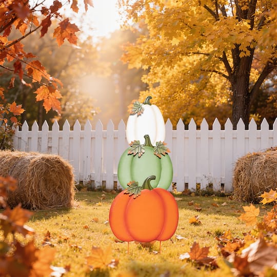 Glitzhome® Set of 3 Fall Stacked Pumpkin Metal Yard Stakes